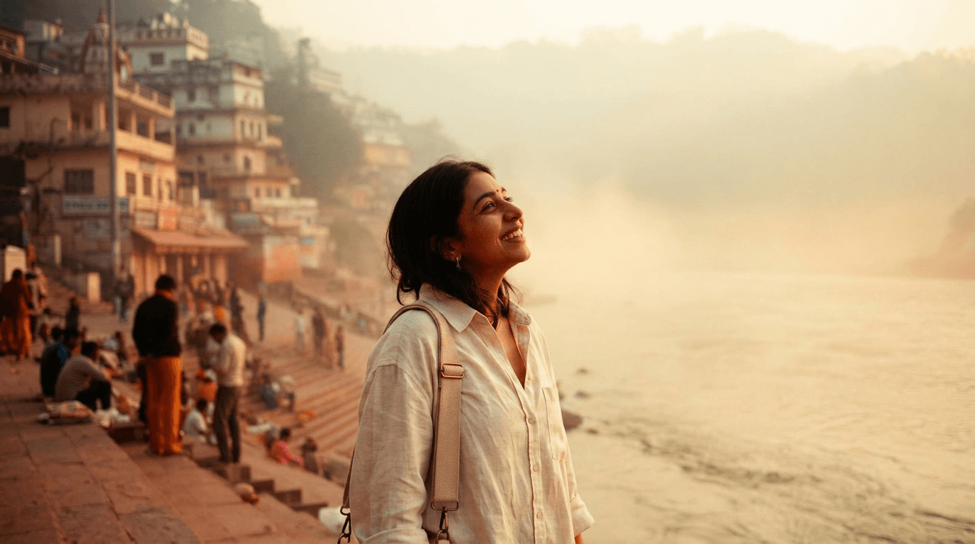 A woman watching dawn over the Ganges in Rishikesh